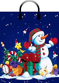 Пакет ПЭ с пластмассовыми ручками НГ 38х45+3см глянец Снеговичок с подарками Россия