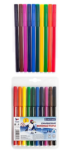 Фломастеры 10 цветов "Washable" смываемые блистер Centropen Чехия